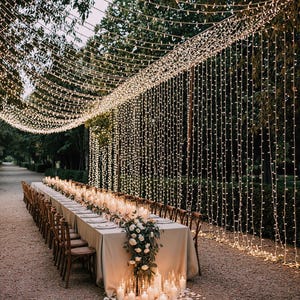May include: An outdoor dining scene with a long table set for a special event. The table is covered with a beige tablecloth and adorned with white flowers, candles, and place settings. Overhead, strings of warm white lights create a magical ambiance.