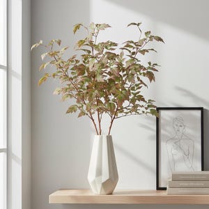 May include: A white geometric vase holds a leafy plant with green and brown leaves. The vase sits on a light wood shelf, next to a framed line drawing and a stack of books. The room has a minimalist aesthetic with a neutral color palette.