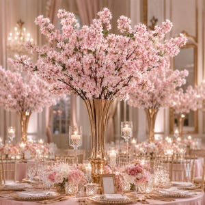 May include: A tall, gold-toned trumpet vase filled with a large arrangement of light pink cherry blossom branches. The vase sits on a table surrounded by small glass candle holders, floral centerpieces, and place settings with white plates.