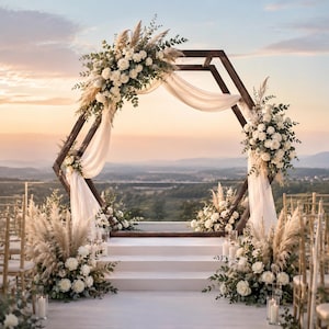 7FT x 8.5FT Wooden Hexagon Wedding Arch | Double Hexagon Ceremony Backdrop Stand | Rustic Wedding Arbor