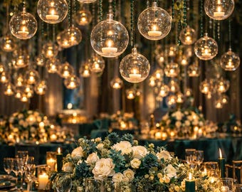 May include: Elegant event decor featuring hanging glass orbs with lit candles, creating a warm, inviting ambiance. The tables are set with white floral centerpieces, candles, and glassware, all on a dark green tablecloth.