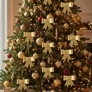 May include: A decorated Christmas tree with gold bow ornaments, red and gold baubles, and warm white lights. Several wrapped gifts are at the base of the tree. The tree is in a well-lit room.
