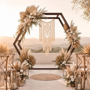 7FT x 8.5FT Boho Wooden Hexagon Wedding Arch | Double Hexagon Ceremony Backdrop Stand