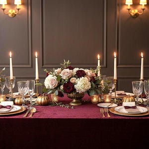 May include: A beautifully set dining table with a burgundy velvet tablecloth. The table is adorned with floral arrangements, lit candles, gold-rimmed plates, and decorative pumpkins. Elegant glassware and silverware complete the festive setting.