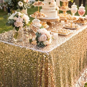 May include: A dessert table with a gold sequin tablecloth, featuring a tiered cake, macarons, and various pastries. Floral arrangements of white and pink flowers and greenery add to the elegant display, perfect for a wedding or special event.