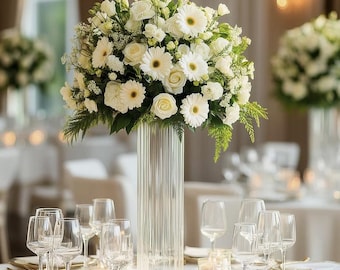 Set of 6 Tall Ribbed Glass Vases, 16 Inch Cylinder Centerpiece Flower Vases