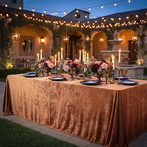 May include: An outdoor dining table set for a special occasion. The table is covered with a rust-colored velvet tablecloth and set with black plates, gold-rimmed glasses, and floral centerpieces. Lit candles and string lights create a warm ambiance.