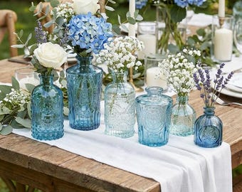 Set of 30 Blue Embossed Glass Bud Vases | Vintage Style Table Centerpieces