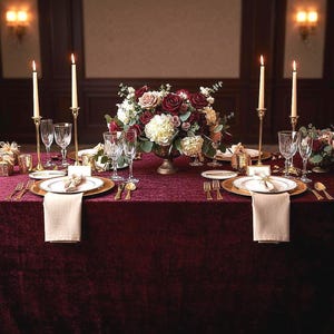 May include: A formal dining table set for a special occasion. The burgundy velvet tablecloth is adorned with gold-rimmed plates, silverware, and champagne flutes. Tall candles in gold holders flank a floral centerpiece of roses and hydrangeas, creating an elegant ambiance.