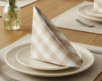 25 Beige and White Gingham Cloth Napkins, Blush Checkered Linen Table Decor (20x20)