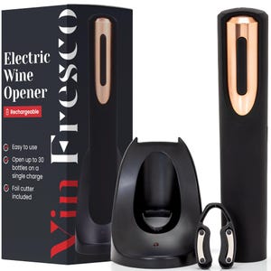 May include: An electric wine opener set, featuring a black and copper-colored opener, charging base, and foil cutter. The box reads "Electric Wine Opener" and "Vin Fresco". The opener is rechargeable and can open up to 30 bottles on a single charge.