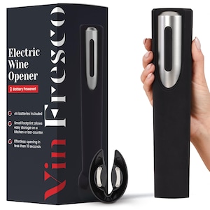 May include: Black electric wine opener with a silver top, shown with its packaging. The box reads "Electric Wine Opener" and "Vin Fresco". The opener is battery-powered and includes AA batteries. The opener is shown with a foil cutter.