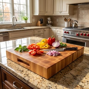 2.25" Maple End Grain Chopping Block Handmade w/ Routed Handles