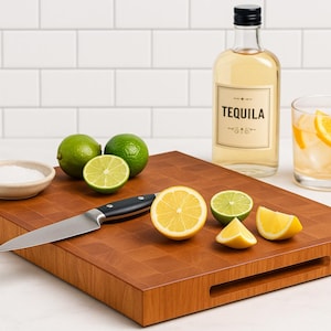 May include: A wooden cutting board with a knife, limes, lemons, and a small bowl of salt. A bottle of tequila and a glass of a cocktail with ice and an orange slice are also present. The cutting board is approximately 12 inches by 16 inches.