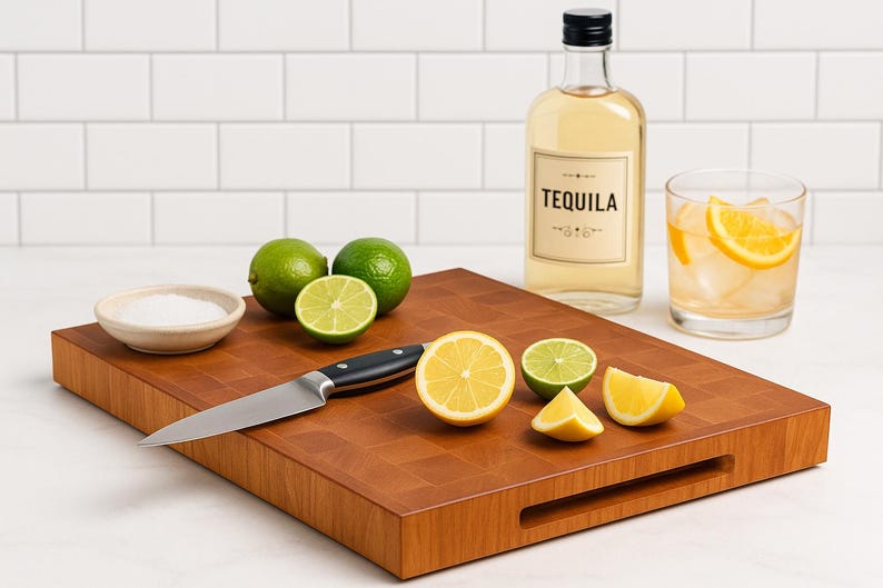 May include: A wooden cutting board with a knife, limes, lemons, and a small bowl of salt. A bottle of tequila and a glass of a cocktail with ice and an orange slice are also present. The cutting board is approximately 12 inches by 16 inches.