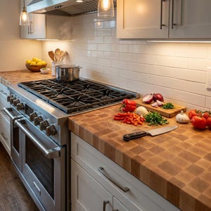 Puede incluir: Una cocina moderna con una estufa de gas de acero inoxidable y encimeras de bloques de carnicero. Se preparan verduras frescas, como tomates, cebollas y pimientos, en la encimera. Una olla de agua hirviendo está en la estufa.