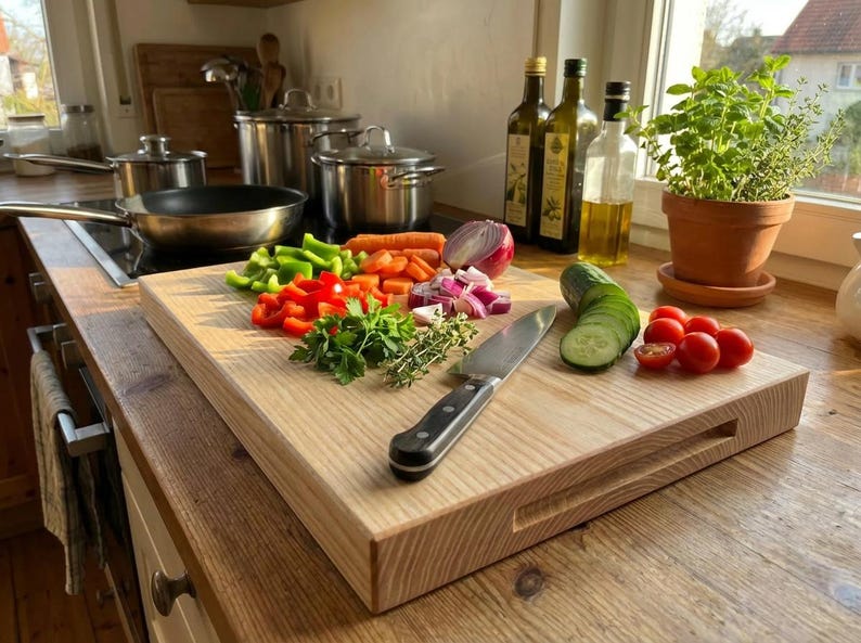 Pode incluir: Uma t&aacute;bua de cortar de madeira com vegetais frescos cortados, incluindo piment&otilde;es vermelhos e verdes, cenouras e um pepino fatiado. Uma faca est&aacute; sobre a t&aacute;bua. Garrafas de azeite e uma planta em vaso ao fundo.