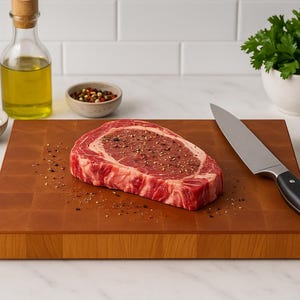 May include: A raw ribeye steak seasoned with pepper sits on a wooden cutting board. A knife, small bowls of salt and peppercorns, a bottle of oil, and a small pot of parsley are also present.