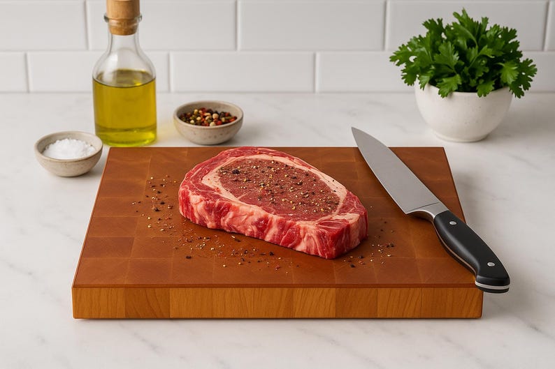 May include: A raw ribeye steak seasoned with pepper sits on a wooden cutting board. A knife, small bowls of salt and peppercorns, a bottle of oil, and a small pot of parsley are also present.