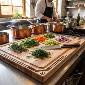 May include: A professional kitchen scene with chefs preparing food. A wooden cutting board displays chopped vegetables, herbs, and a knife. Copper pots and pans sit on a stainless steel countertop and stovetop.