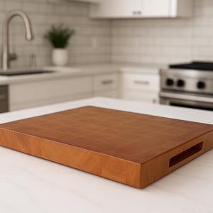 May include: A rectangular, end-grain butcher block cutting board made of light brown wood. The board has a handle cut out on one side and is displayed on a white countertop in a kitchen setting. The board is approximately 18 inches long and 12 inches wide.