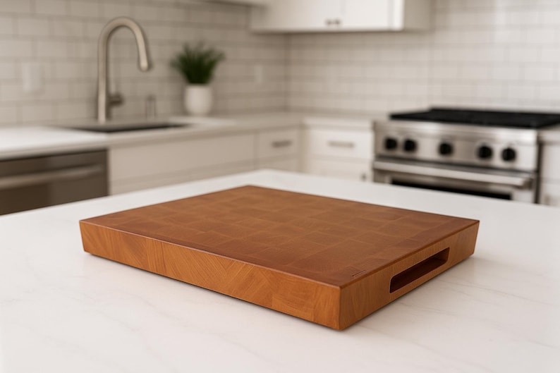 May include: A rectangular, end-grain butcher block cutting board made of light brown wood. The board has a handle cut out on one side and is displayed on a white countertop in a kitchen setting. The board is approximately 18 inches long and 12 inches wide.