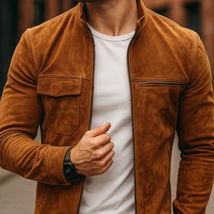 Op de afbeelding: Een bruin suède jack met ritssluiting, twee borstzakken en een opstaande kraag. De jas wordt gedragen over een wit t-shirt. Een zwart horloge is zichtbaar om de pols.