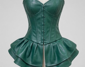 Real Leather Corset Dress: Green Steel Boned Lace-Up Gothic Fashion Outfit