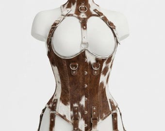 Real Hairon Leather Overbust Corset: Steel Boned, Lace-Up Front