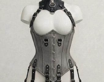 Handmade Gray Black Leather Corset Harness Set | Steel Boned, Choker & Cuffs