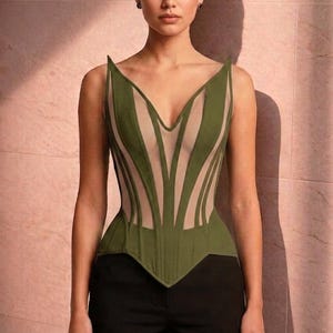 Haut corset en coton et résille vert olive, bustier en cœur avec baleines en acier, laçage à la taille