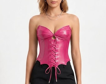 Handmade Pink Leather Corset Top, Steel Boned & Lace up Design, Womens Medieval Corset