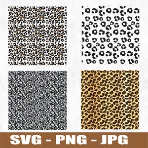 May include: Four square patterns featuring leopard print designs. The patterns include black and white, black, brown and tan, and golden brown leopard spots. The bottom of the image displays the text "SVG - PNG - JPG".