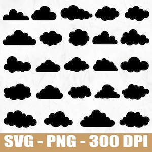 May include: A collection of black cloud silhouettes in various shapes and sizes. The image includes the text "SVG - PNG - 300 DPI" at the bottom, indicating file formats and resolution. These cloud graphics are suitable for digital design projects.