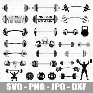 Paquete de archivos SVG de barras con pesas – Imágenes prediseñadas de levantamiento de potencia y halterofilia – Archivos SVG, PNG y DXF para gimnasio – Archivos de corte para Cricut y Silhouette – Descarga inmediata
