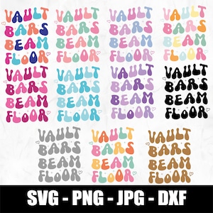 Puede incluir: Una colección de archivos SVG, PNG, JPG y DXF coloridos con las palabras "VAULT, BARS, BEAM, FLOOR" en varias fuentes y colores retro. El texto está dispuesto en un patrón de cuadrícula.