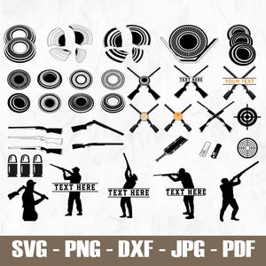 May include: A collection of black and white illustrations related to shooting sports. The image includes silhouettes of shotguns, clay targets, and figures in shooting poses. Text boxes with "TEXT HERE" and "YOUR TEXT" are also present. The bottom of the image displays "SVG - PNG - DXF - JPG - PDF".