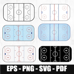 May include: Six hockey rink diagrams in various color schemes, including black and white, and blue. The diagrams show the rink layout with center ice circles, face-off dots, and goal creases. Text at the bottom reads "EPS - PNG - SVG - PDF."