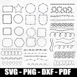 May include: A collection of black barbed wire designs in various shapes and patterns, including rectangles, circles, stars, and lines. The image also includes the text "SVG - PNG - DXF - PDF".