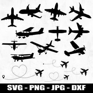 May include: Black silhouette illustrations of various aeroplanes, including commercial jets and small propeller planes. Some planes have dotted lines indicating flight paths, with heart shapes. The image includes the text "SVG - PNG - JPG - DXF".