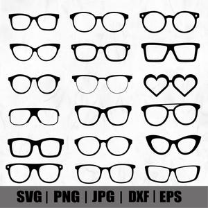 Könnte beinhalten: Eine Sammlung schwarzer Brillen in verschiedenen Stilen, darunter runde, eckige und Cat-Eye-Formen. Das Bild enthält die Dateiformate SVG, PNG, JPG, DXF und EPS.