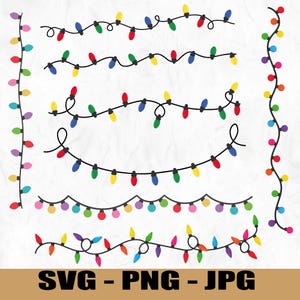 May include: A collection of colorful Christmas light strings in various designs. The lights are red, yellow, green, blue, and purple. The image includes the text "SVG - PNG - JPG".