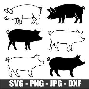 May include: A collection of six pig illustrations in black and white. The pigs are shown in profile, with varying styles including outlines and solid black silhouettes. The image includes the text "SVG - PNG - JPG - DXF" at the bottom.