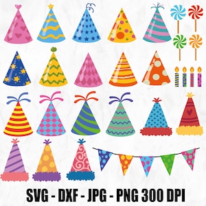 May include: A selection of brightly coloured party hats with diverse designs, such as hearts, stars, polka dots, and stripes. The image also features lollipops, candles, and a banner. The text reads: SVG - DXF - JPG - PNG 300 DPI.