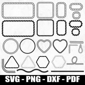 May include: Black and white vector illustrations of rope frames in various shapes, including rectangles, squares, circles, hearts, and triangles. The image also includes rope corners, a noose, and the text "SVG - PNG - DXF - PDF".