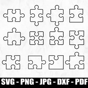 May include: Black outline puzzle pieces in various shapes and sizes arranged in rows and columns. The image includes the text "SVG - PNG - JPG - DXF - PDF" in a black font at the bottom.