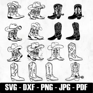 May include: A selection of cowboy boots and hats in black and white line art. The boots display diverse designs, such as floral patterns, stars, and decorative stitching. The hats are shown with curved brims. The image includes the text "SVG - DXF - PNG - JPG - PDF".