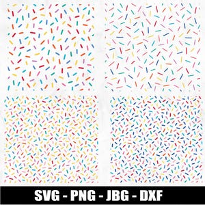 Könnte beinhalten: Vier weiße Hintergründe mit bunten, zufällig verstreuten Streuseln. Die Streusel sind in verschiedenen Farben gehalten, darunter Rot, Orange, Gelb, Grün, Blau und Lila. Der untere Teil des Bildes enthält den Text "SVG - PNG - JBG - DXF".