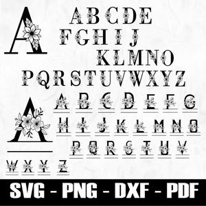 Puede incluir: Letras del alfabeto floral en blanco y negro, de la A a la Z, con un diseño dividido. Cada letra está decorada con detalles florales. La imagen también incluye los formatos de archivo SVG, PNG, DXF y PDF.