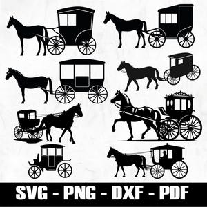 May include: Black silhouettes of horse-drawn carriages in various designs. The image includes different carriage styles, each pulled by a horse. The bottom of the image displays the text "SVG - PNG - DXF - PDF".
